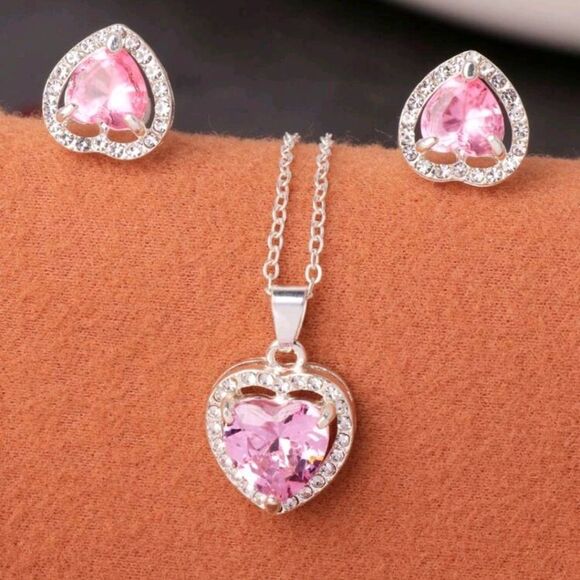 Pink Heart Stone Necklace & Earring Set - Picture 1 of 4